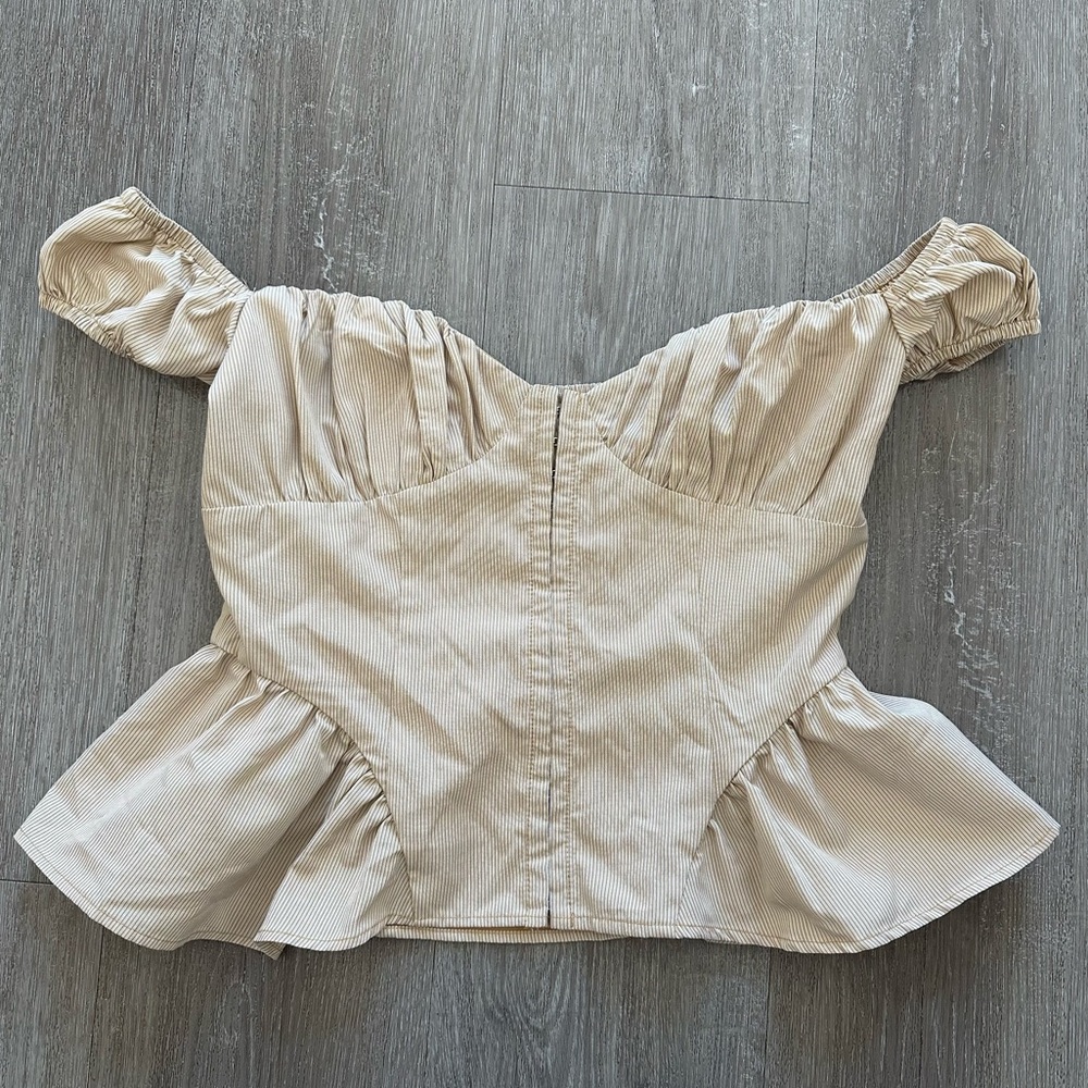 Beige Off-Shoulder Peplum Top - Picture 2 of 5